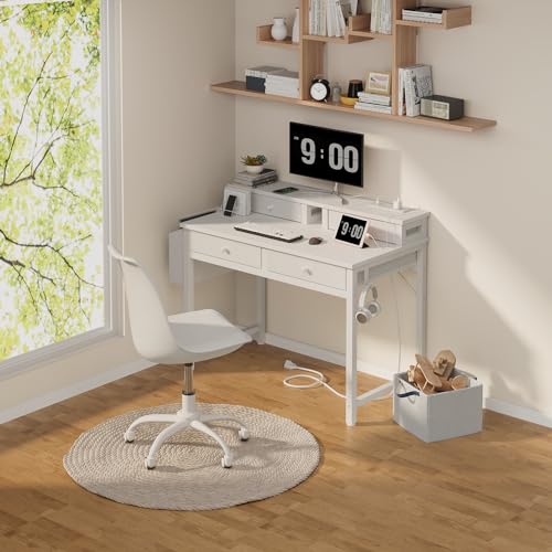 Lufeiya Small White Desk with Fabric Drawers for Bedroom, 32 inch Vanity Makeup Desk with Drawers Storage for Home Office, Writing Study Table with Power Outlet & Monitor Stand, White - WoodArtSupply