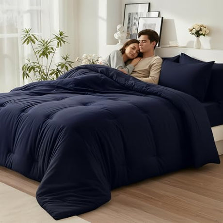 Easthome Queen Comforter Set 7 Piece - Soft Bed in a Bag Queen Size Comforter Sets, Cozy Bedding Sets with Down Alternative Comforter, Flat Sheet, Fitted Sheet, 2 Pillowcases & 2 Shams, Navy Blue Easthome