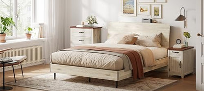 LINSY Queen Bed Frame Wood with Ergonomic Headboard, Farmhouse Bed Frame Queen Size with Storage Shelf, Fast 45-Min Assembly Platform Bed, Noise-Free, No Box Spring Needed - Beige - WoodArtSupply