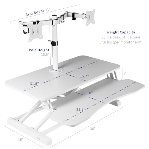 VIVO Height Adjustable 32 inch Standing Desk Converter with Dual 13 to 30 inch Monitor Stand, Sit Stand Monitor Mount and Desk Riser, White, DESK-V000K-M2W VIVO