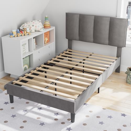 VECELO Twin Size Bed Frame with Upholstered Headboard, Heavy-Duty Bedframe with Wooden Slats & Steel Framework, Easy Assembly, Dark Grey VECELO