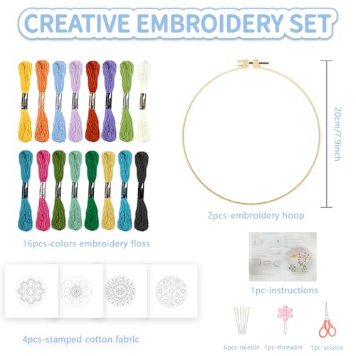 FREEBLOSS 4 Sets Embroidery Kit for Beginners Needlepoint Embroidery Starter Kit with Mandala Stamped Patterns, Instructions, Colored Threads, 2 Hoops 20cm/7.9inch