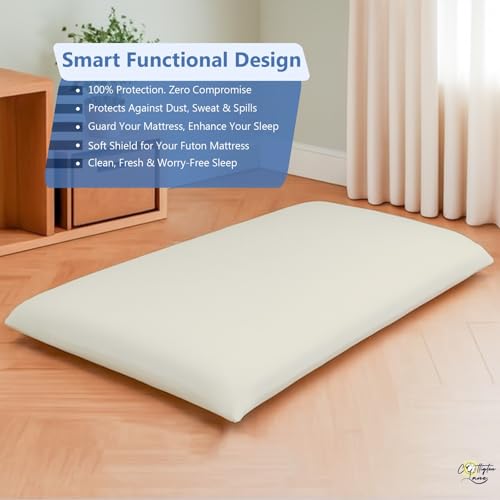 Cottington Lane Traditional Japanese Shikibuton Futon Cover, King Size Premium Cotton Zippered Floor Mattress Slipcover, Soft Durable, Ideal for Dorm Rooms, Guest Rooms, Ivory Cottington Lane