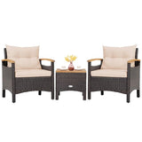 Tangkula 3-Piece Patio Furniture Set, Patiojoy Outdoor Rattan Sofa Set with Coffee Table, Patio Conversation Set with Removable Cushion, Cozy Acacia Wood Armrests for Backyard, Poolside (Beige) Tangkula