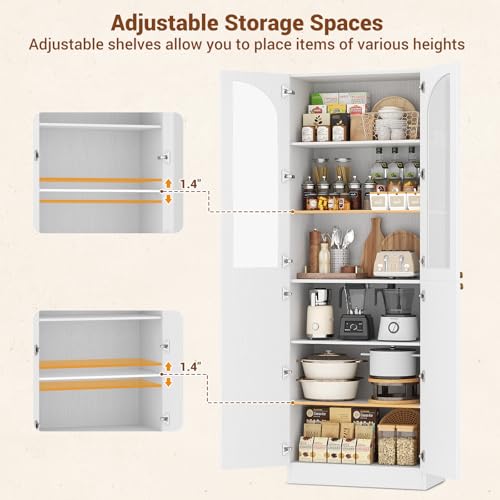 Cyclysio 80" Kitchen Pantry, Tall Arch Storage Cabinet with Tempered Glass Doors, Freestanding Wood Floor Cupboard Bookcase with Seamless Fit Wall for Dining Room, Living Room, Bathroom (White) Cyclysio