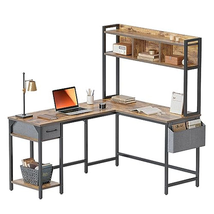 BANTI 58-Inch L-Shaped Corner Desk with Hutch and Drawer in Rustic Brown - WoodArtSupply