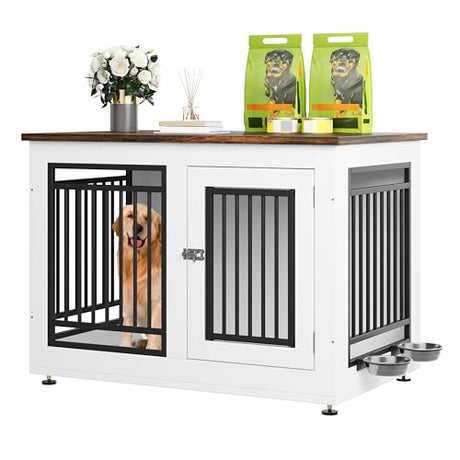 YITAHOME 39" Dog Crate Furniture, Wooden Side End Table with Adjustable Feet and Removable Bowls, Dog Kennel Indoor for Medium Large Dogs YITAHOME