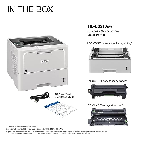 Brother HL-L6210DWT Business Monochrome Laser Printer with Dual Paper Trays, Wireless Networking, and Duplex Printing, White