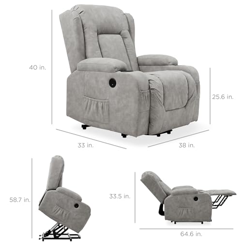 Best Choice Products PU Leather Electric Power Lift Chair, Recliner Massage Chair, Adjustable Furniture for Back, Legs w/ 3 Positions, USB Port, Heat, Cupholders, Easy-to-Reach Side Button - Gray