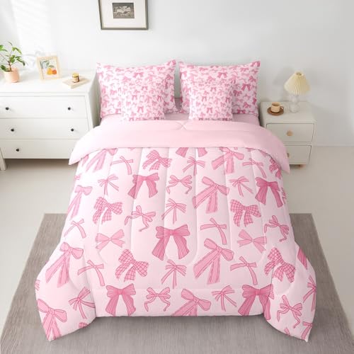 Erosebridal Pink Bowknot Kids Bedding Sets Queen Size, Dreamy Princess Style Comforter Set Cartoon Bow Tie Kawaii Sheet Set with Comforter for Girls Boys Children Women, Cartoon Bow Knot Bed in A Bag Erosebridal