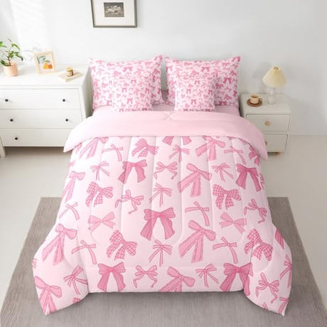 Erosebridal Pink Bowknot Kids Bedding Sets Queen Size, Dreamy Princess Style Comforter Set Cartoon Bow Tie Kawaii Sheet Set with Comforter for Girls Boys Children Women, Cartoon Bow Knot Bed in A Bag Erosebridal