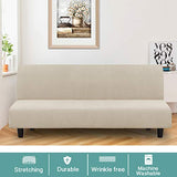 Turquoize Stretch Futon Cover Full Size Armless Sofa Bed Cover Futon Couch Cover Furniture Protector with Elastic Bottom Feature Thick Soft Checked Jacquard Fabric, Machine Washable, Biscotti Beige Turquoize