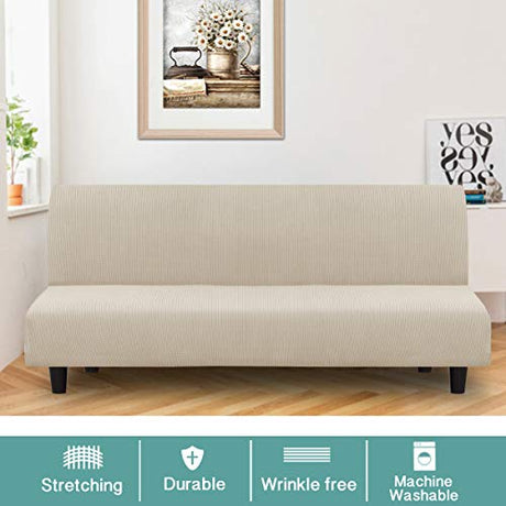 Turquoize Stretch Futon Cover Full Size Armless Sofa Bed Cover Futon Couch Cover Furniture Protector with Elastic Bottom Feature Thick Soft Checked Jacquard Fabric, Machine Washable, Biscotti Beige Turquoize