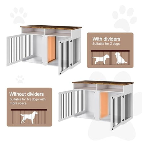 55'' Dog Crate Furniture for 2 Dogs, Wooden Dog Cage with Storage Compartment, Indoor Dog Kennel with 2 Doors for Large/Medium Dogs, White REVOMINCA