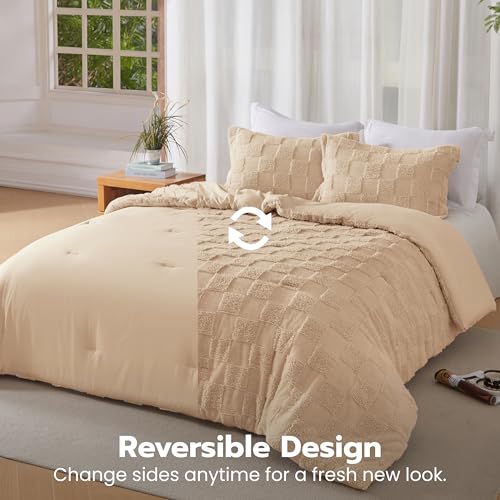 Joiedomi Tufted Twin Comforter Set, 2 Pieces Brown Boho Twin Bedding Set with 1 Plaid Geometric Comforter and 1 Pillow Sham, Checkered Bed in a Bag for All Seasons Joiedomi