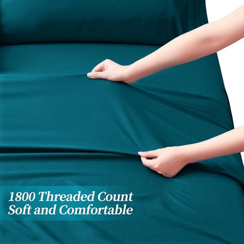 Horbaunal Extra Deep Pocket Queen Fitted Sheet Only - Fits Up to 24 Inch Mattress - Luxury 1800 Thread Count - Microfiber Teal Fitted Bed Sheet Queen Size Horbaunal