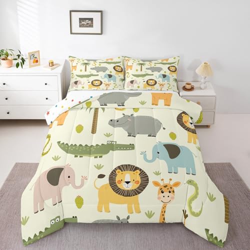 Feelyou Nursery Cute Wild Animals Bedding Set for Girls Boys Child Kids Cartoon Lion Giraffe Crocodile Comforter Decor Nature Wildlife Comforter Set Zoo Animal Theme Duvet Set Twin Size Quilt Set Feelyou
