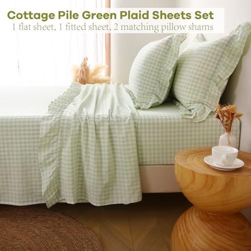 K MASANIJI Pile Green White Plaid Ruffle Gingham Sheets Full Size 4-Piece Set, 300TC 100% Yarn Dyed Cotton Sheets 18 in Deep Pocket Kids Preppy Decorative Bedding (Pile Green/White Plaid, Full) K MASANIJI