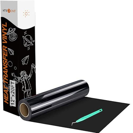 HTVRONT Black HTV Heat Transfer Vinyl Rolls - 12" x 20ft Black Iron on Vinyl for Shirts, Iron on for All Cutting Machines - Easy to Cut & Weed for Craft Heat Vinyl Design HTVRONT