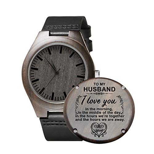 K KENON Engraved Personalized Mens Wooden Watch Lightweight Black Leather Strap Analog Quartz Movement Wristwatches for Son and Father Gifts (to Husband) - WoodArtSupply