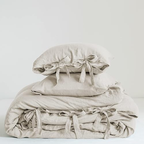 Simple&Opulence 100% Linen Duvet Cover Set, 3 Pieces Belgian Flax Breathable Bedding, Queen Size 88''x92'' (1 Comforter Cover+2 Pillowshams) with Tie Closure Style,Linen Simple&Opulence