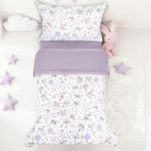 SWESEN Toddler Bedding Set for Girls, Purple Floral Toddler Girls Bedding Set, Soft & Lightweight 4 Piece Toddler Comforter Sets Include Comforter, Flat Sheet, Fitted Sheet, Pillowcase SWESEN