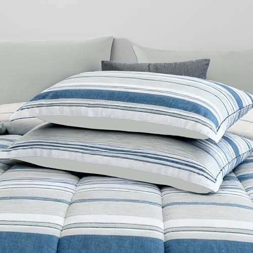 Monbix Queen Comforter Set - 7 Pieces Bed in a Bag Queen, Blue-Stripe Bedding Sets, All Seasons Comforter Bed Set with Sheets, Pillowcases & Shams Monbix