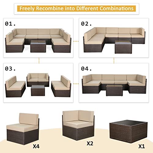 U-MAX 7 Piece Outdoor Patio Furniture Set, PE Rattan Wicker Sofa Set, Outdoor Sectional Furniture Chair Set with Cushions and Tea Table, Brown U-MAX