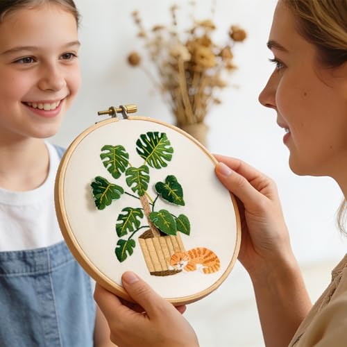 Monstera Embroidery Kits for Beginners Adults, Cat Hand Embroidery Kits, Potted Plant Cross Stitch Kits for Beginners DIY Craft Kits for Adult Women, Entire Set of Embroidery Supplies & Video Tutorial