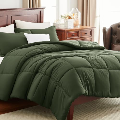 CozyLux Full Size Comforter Sets - Olive Green Comforter Full Size, 3 Pieces Box Stitched Bed Set for All Seasons, Soft Lightweight Bedding Sets with 1 Down Alternative Comforter and 2 Pillow Shams CozyLux