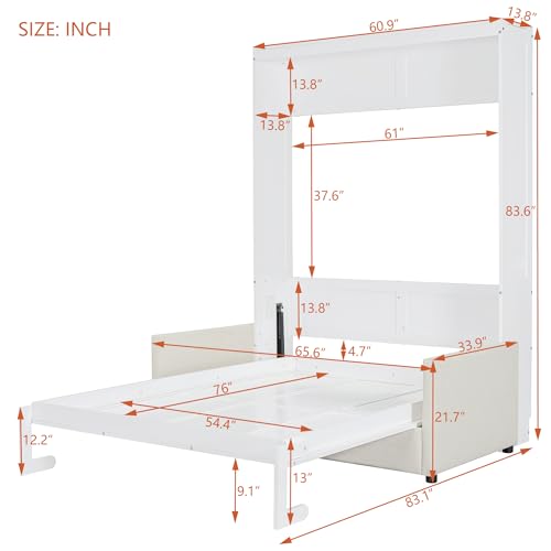 P PURLOVE Full Wood Murphy Bed with Sofa, Wall Bed Without Slats, No Box Spring Needed (White) P PURLOVE