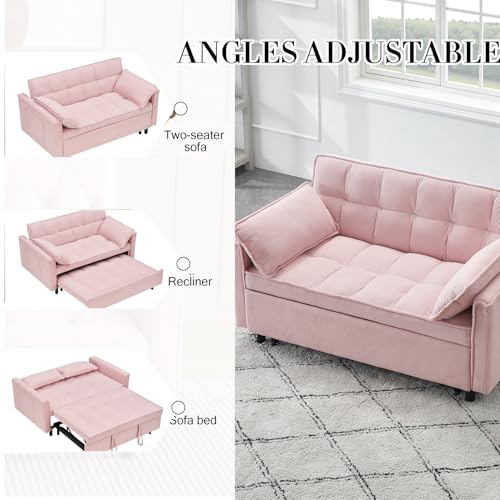 3 in 1 Corduroy Convertible Sofa Bed, Pull Out Couch Bed with Reclining Backrest and 2 Pillows, 54" Full Size Loveseat Sleeper Sofa Futon Couch Beds, Couches for Small Spaces, Living Room (Pink) Majnesvon
