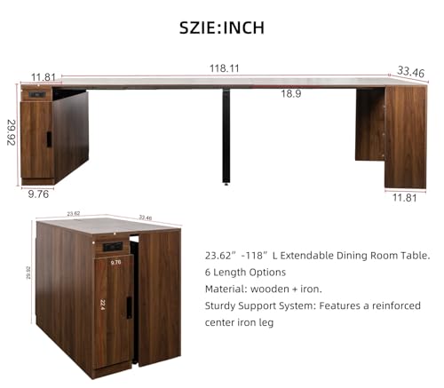 KEIKI 23.62”-118”L Extendable Foldable Dining Room Table with Storage Cabinet & Outlet, 1-10 People Wood Modern Rectangle Expandable Furniture for Kitchen Living Meeting Room, 6 Length Options KEIKI