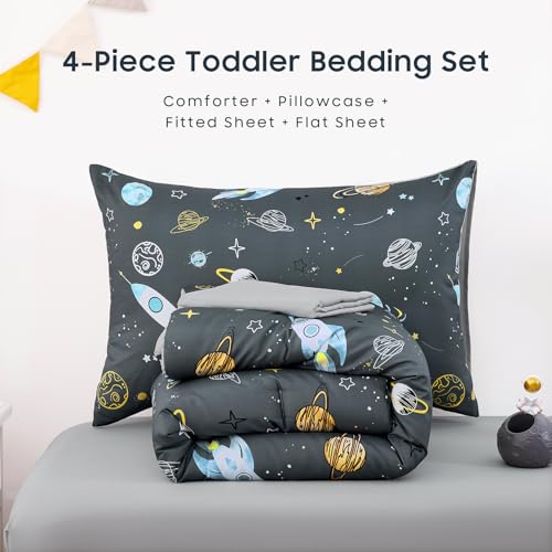 Wake In Cloud - Toddler Bedding Set for Boys, Space Rocket Planet Star, 4 Pieces Soft Crib Bed Set Including Comforter, Sheets and Pillowcase, Gray Wake In Cloud