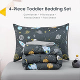 Wake In Cloud - Toddler Bedding Set for Boys, Space Rocket Planet Star, 4 Pieces Soft Crib Bed Set Including Comforter, Sheets and Pillowcase, Gray Wake In Cloud