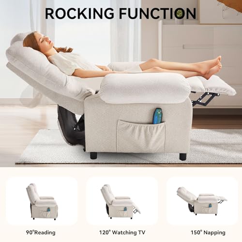 KCREAM Overstuffed Push Back Recliner Chair for Living Room, Mid Century Fabric Heated Massaging Reclining Chair Small Manual Recliner Chair with Heat and Massage, White