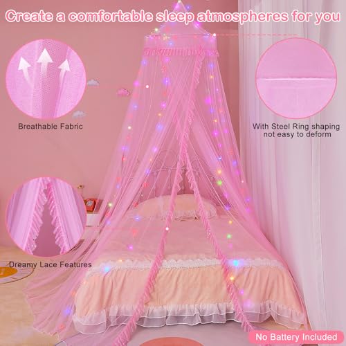 Unicorn Castle Bed Canopy for Girls with Remote Timer Breathable Canopy Bed Curtains with 8 Modes LED Lights Net Canopy for Bed for Girls Room Decor,Pink