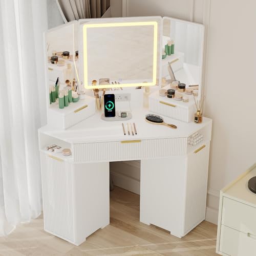 SLEKVERSA Corner Vanity Desk, Vanity Table with Lighted Mirror, Fluted Makeup Desk with Drawers and Cabinets, Corner Dressing Table with Charging Station for Bedroom, White SLEKVERSA
