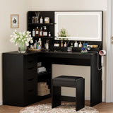 YESHOMY Vanity Desk with Lights and Mirror, L Shaped Makeup Table, Dresser with Hairdryer Holder and Power Outlet, Adjustable 3 Lighting Modes, 5 Drawers and Adjustabled Open Storage Shelves, Black YESHOMY