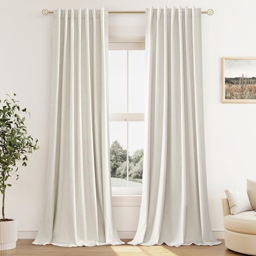 Cream Linen Blackout Curtains 108 Inch Length 2 Panels Set for Living Room Bedroom Back Tab Thermal Insulated 100% Black Out Linen Drapes Room Darkening Window Curtains 108 Inches Long Ivory Natural Guken