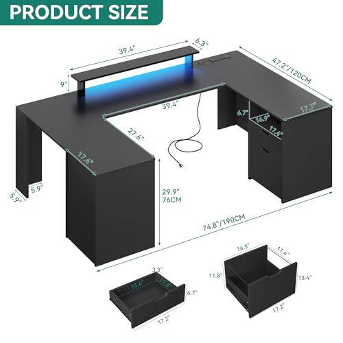 YITAHOME U Shaped Desk with Power Outlet & LED Lights, Computer Desk with Drawers, Wood Desk Home Office Desk with Monitor Stand & ５ Cubbies Storage Shelves, Black Carbon Fiber YITAHOME