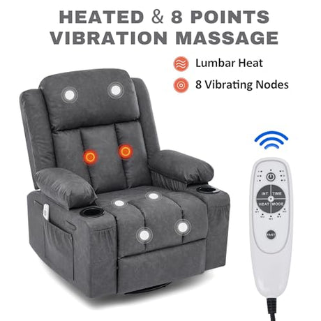 GAOHAPY Rocker Recliner Chair with Heat and Massage,360°Swivel Nursery Recliner Chair for Adults,Modern PU Leather Recliner Single Sofa Seat with 2 Cup Holders and Side Pocket (Grey) GAOHAPY
