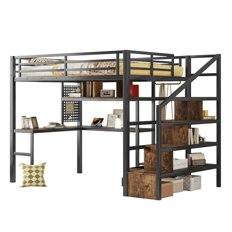 Full size Loft Bed with LED Light and Stairs, Metal Loft Bed Frame with Desk, Storage Drawers & Shelves, Hanging Rod, Gaming Lofts Beds with Charging Station for Adults Teens Kids Gamer, Black Mirightone