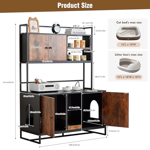 JanflyHome Cat Litter Box Enclosure with Power Outlet, 60'' Large Double Hidden Cat Litter Box Furniture with Shelf, Indoor Cat House Furniture with Cat Scratching Pad for 2 Cats, Vintage Brown… JanflyHome