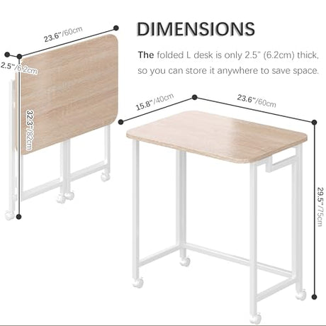 4NM 23.6" Mobile Small Rolling Computer Desk, Folding Laptop Cart Table with Wheels, Portable Office Desk for Small Space Couch Bed - Natural and White 4NM