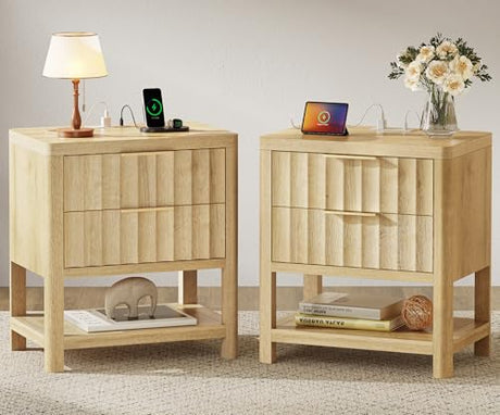 Huuger 27.6 Inch Tall Night Stands with Charger Station, USB-C Port, Fluted Nightstand Set of 2, Larger Wider Bed Side Table with 2 Deep Drawers, Open Shelf, Bedroom Living Room End Table, Natural Huuger