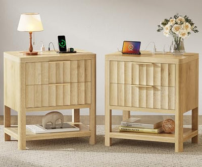 Huuger 27.6 Inch Tall Night Stands with Charger Station, USB-C Port, Fluted Nightstand Set of 2, Larger Wider Bed Side Table with 2 Deep Drawers, Open Shelf, Bedroom Living Room End Table, Natural