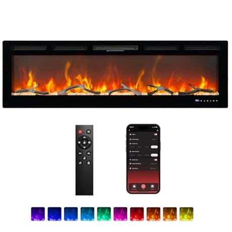 Klysiora Smart Electric Fireplace with Remote Control & Alexa/WiFi, 60 Inch Wall Mount/in Wall Recessed Insert Black Electric Fireplace-13+12 Realistic Ember Color/Flame Options,1500W Heater Klysiora