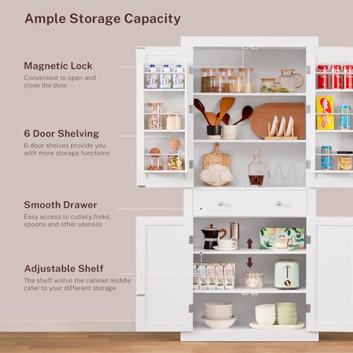 FIONESO 72” Pantry Cabinet, Kitchen Pantry Cabinet with 6 Doors Shelves and 1 Drawer, Tall Storage Cabinet, Cupboard with 4 Door for Kitchen, Dinging Room, Living Room, White FIONESO
