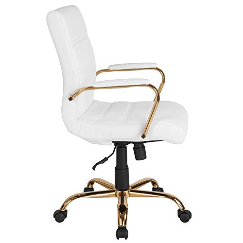Flash Furniture Whitney Mid-Back Swivel LeatherSoft Desk Chair with Padded Seat and Armrests, Adjustable Height Padded Office Chair, White/Gold Flash Furniture
